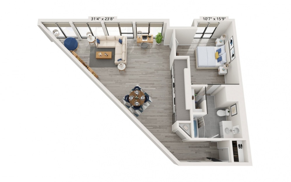 B6 - 1 bedroom floorplan layout with 1 bath and 843 square feet.